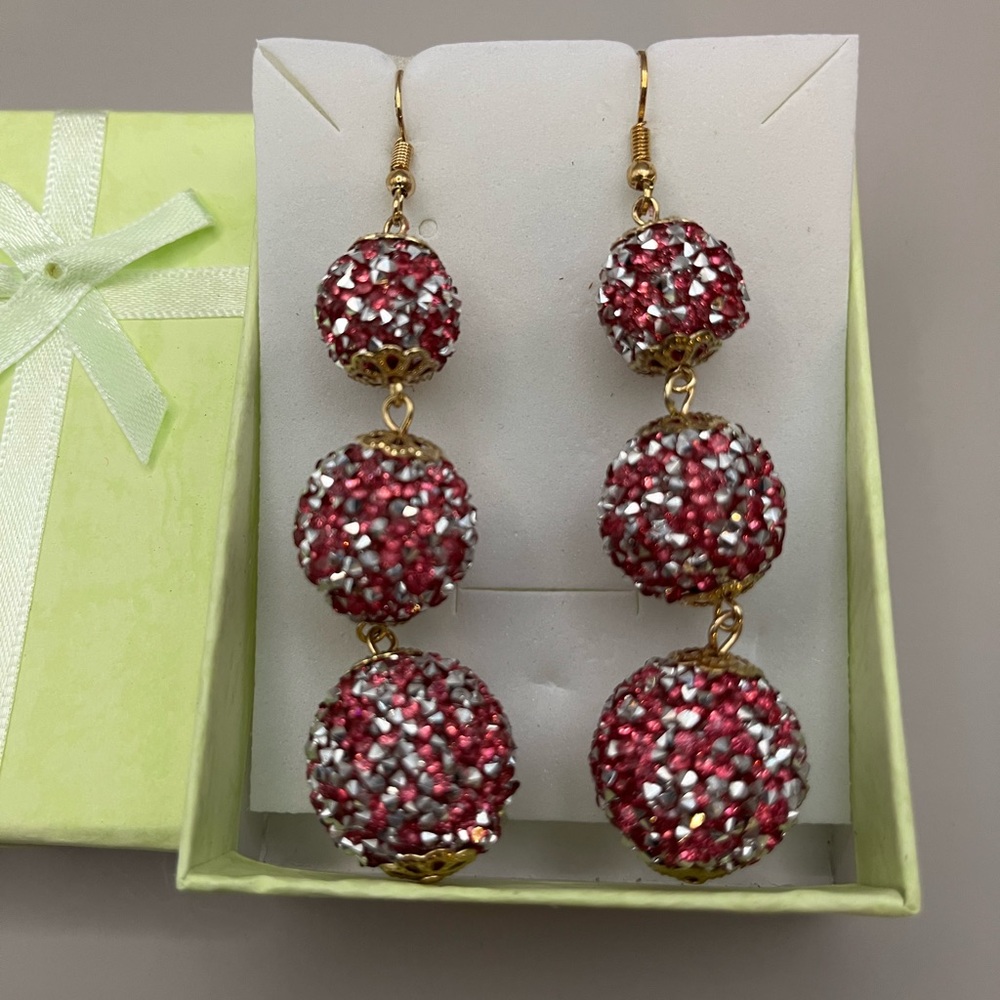 5230-PTT Boho SILVER/PINK CRYSTAL trim gold textured Balls Dangle Stud Earrings
